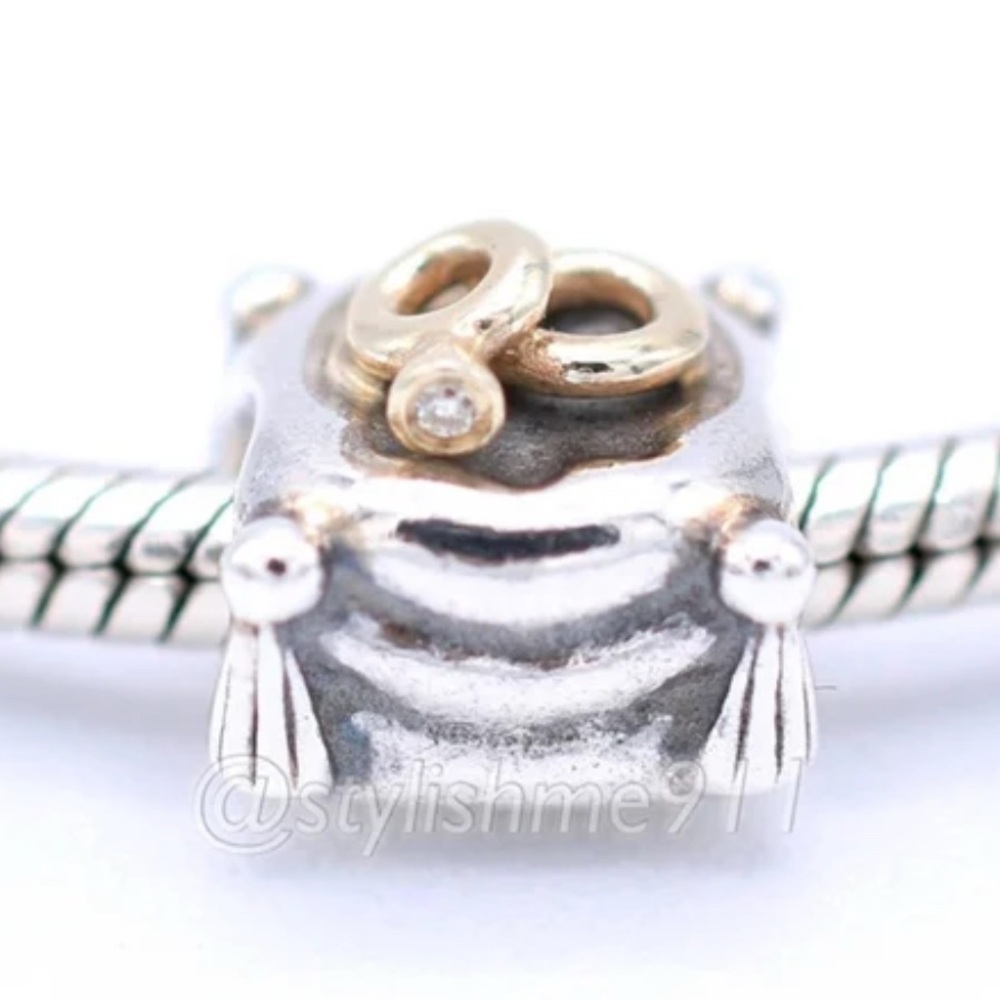 Authentic Pandora Charm - diamond wedding rings on pillow. 14k and Sterling 925